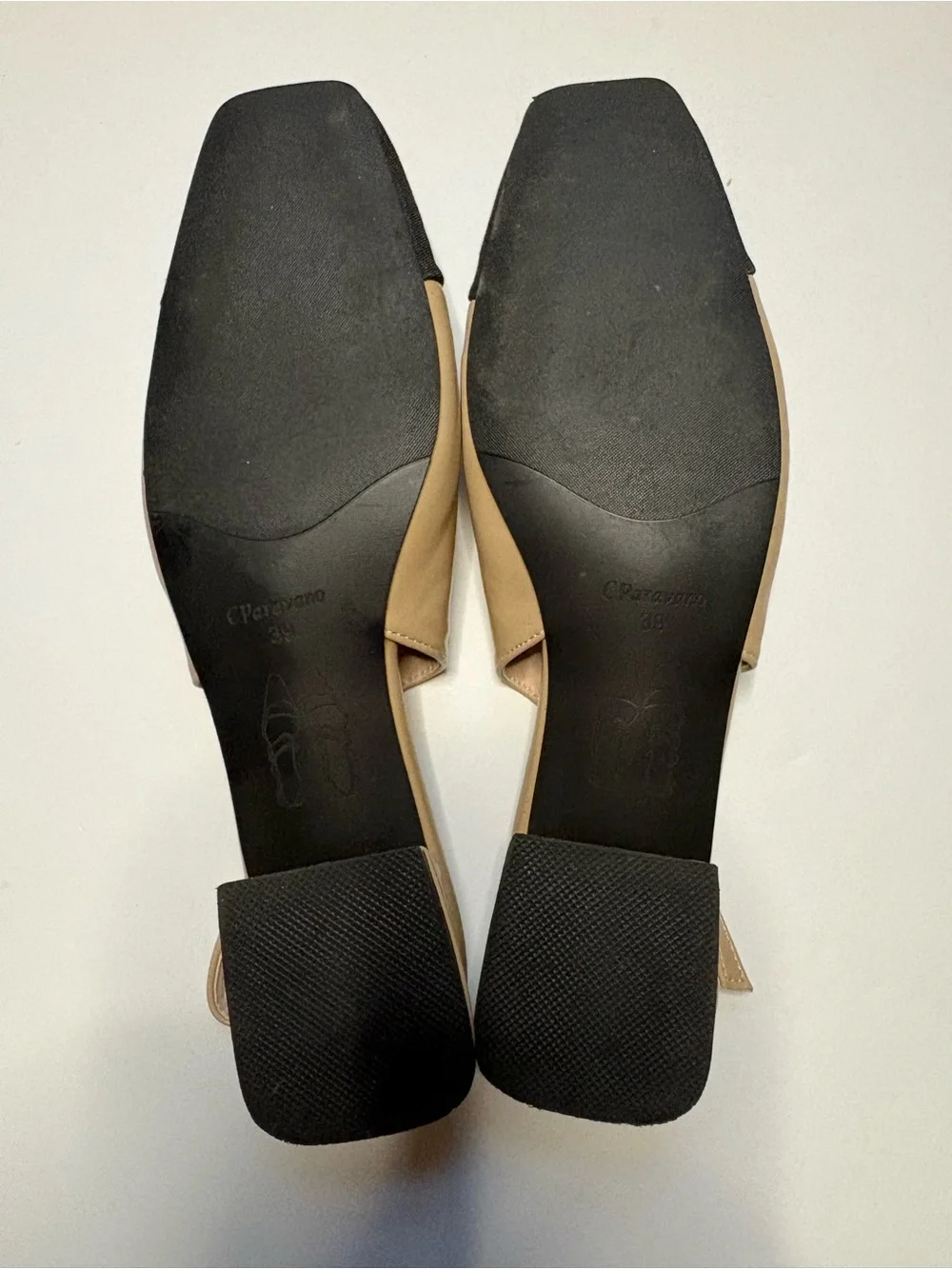 C. Petrovano Beige and Black Cap-Toe Slingback Flats